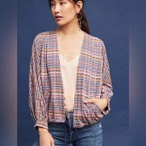 Anthropologie Akemi + Kim Plaid Tie Hem Cardigan Pink Blue